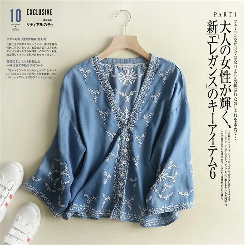 light blue Винтажная шикарная Женская Цветочная вышивка, Пляжная богемная Джинсовая блузка, рубашка с коротким рукавом и v-образным вырезом, однобортная Свободная рубашка в стиле бохо - Цвет: light blue