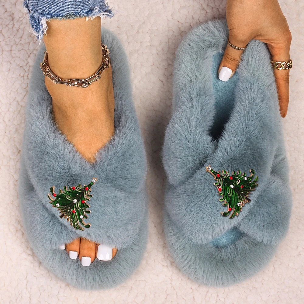 Winter Slippers Christmas Tree Decor Furry Slides Ladies Fluffy Flip Flops Fashion Slippers Platform Sandals Designer Shoes 2021