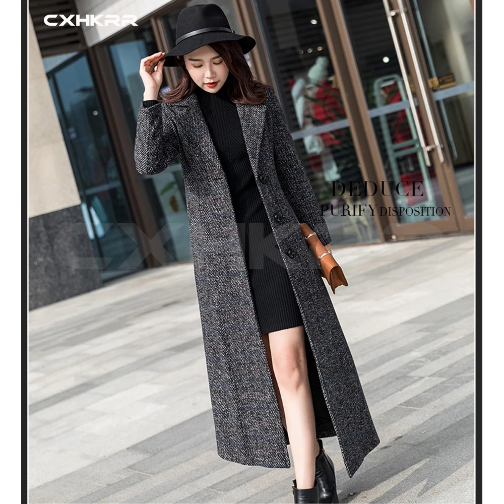 CXHKRR autumn and winter women's new retro large size lapel long wool coat ladies X-long plaid trench coat
