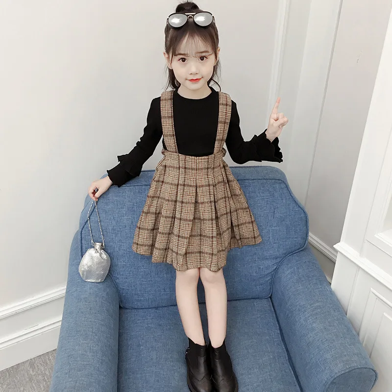 

CHILDREN'S Suit 2019 Spring New Style Girls Korean-style Plaid Suspender Skirt Bell Sleeve Base Shirt Cute Two-Piece Set