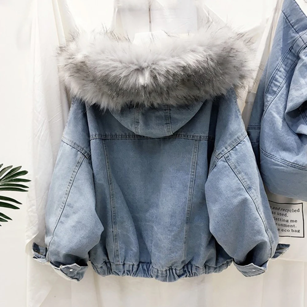 price cut  Velvet Thick Denim Jacket Female 2019 New Winter Big Fur Collar Korean Locomotive Lamb Coat Women S