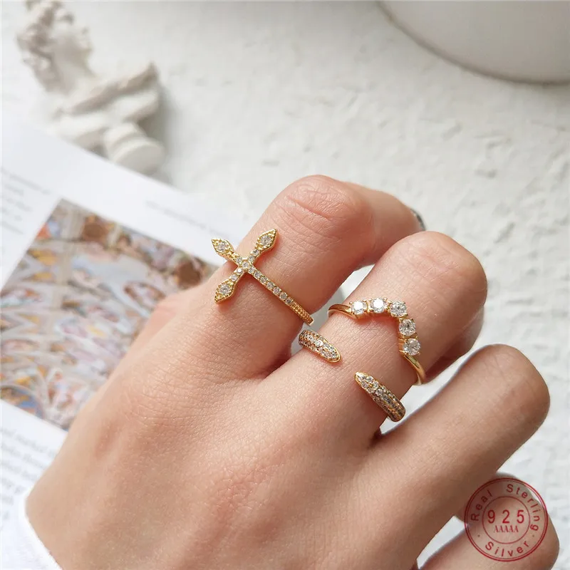 

925 Sterling Silver French Pavé Crystal Geometric Open Ring For Women Simple Fashion Party Jewelry Girlfriend Gift