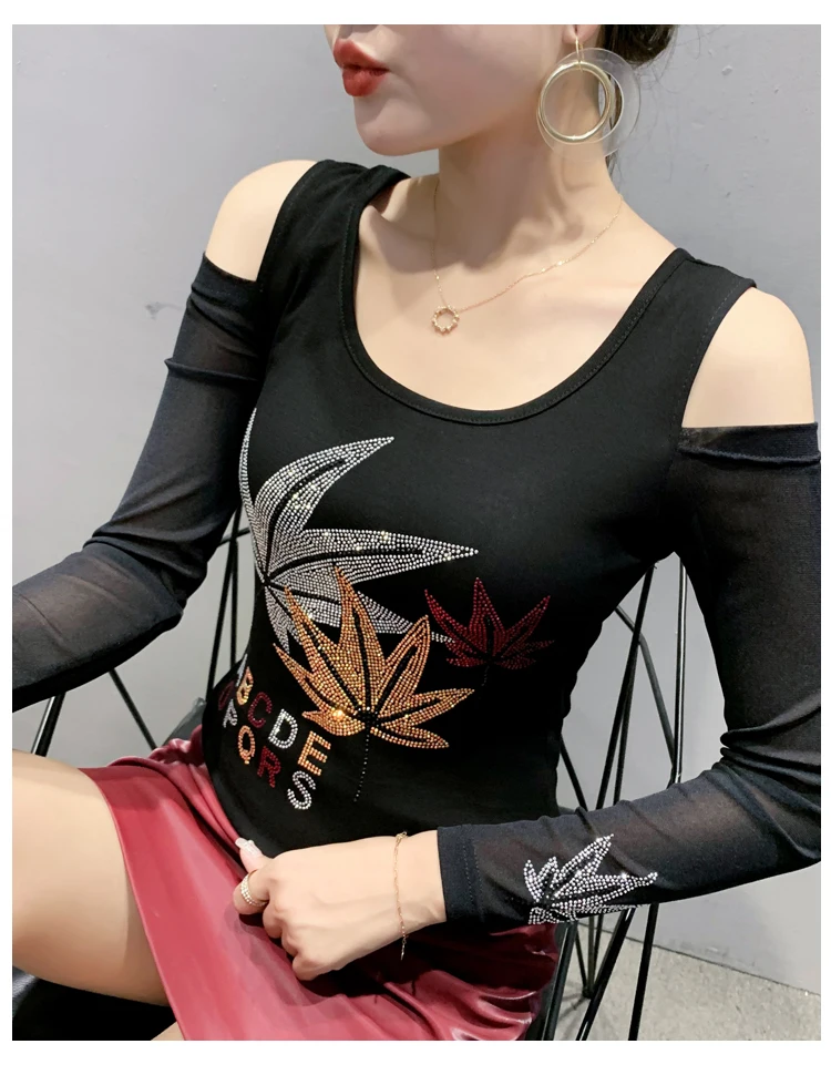 2020 Autumn long sleeve women t-shirt Sexy off the shoulder hot drilling women tops and shirt plus size women clothing