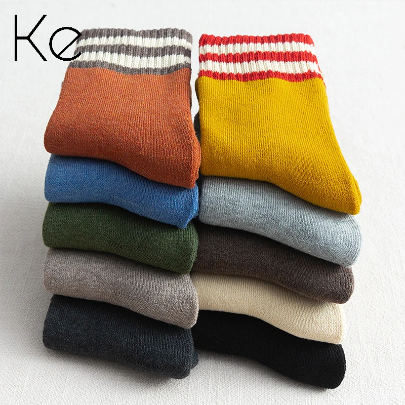 

KE pack 3 pair Autumn winter new women's mid-tube striped warm velvet thick socks women winter terry socks cotton towel socks