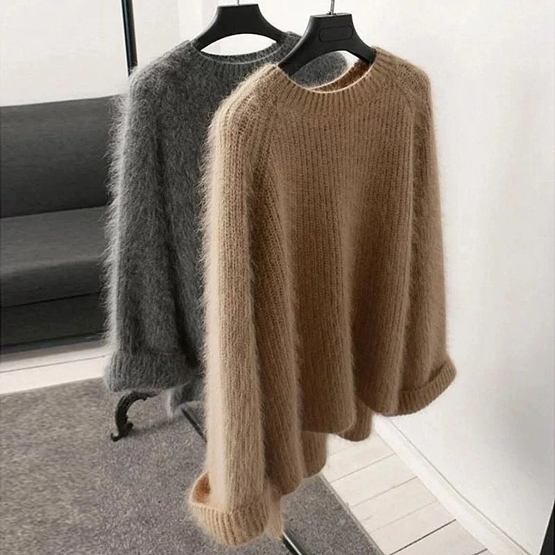 Women Faux Mink Fur Tops Solid Round Neck Pullover Knitwear Loose Furry  Sweater