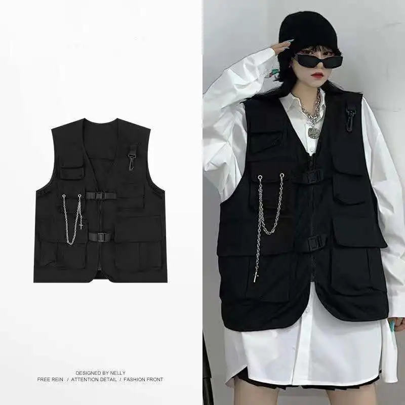 

Chain Design Functional Tooling Vest Men's Summer High Street Fashion Trend Vest Brand Loose Sleeveless Black Color Vest