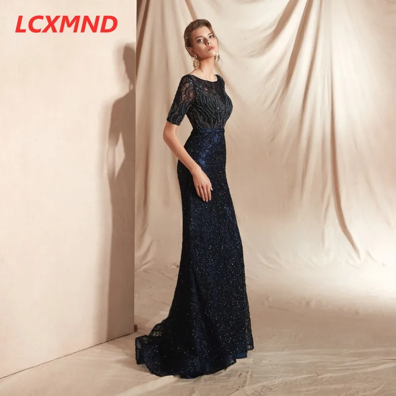 Кружевные вечерние платья с короткими рукавами и вырезами, длинные, Vestido de Festa, Русалка отделка бисером, вечернее платье для выпускного бала, платья