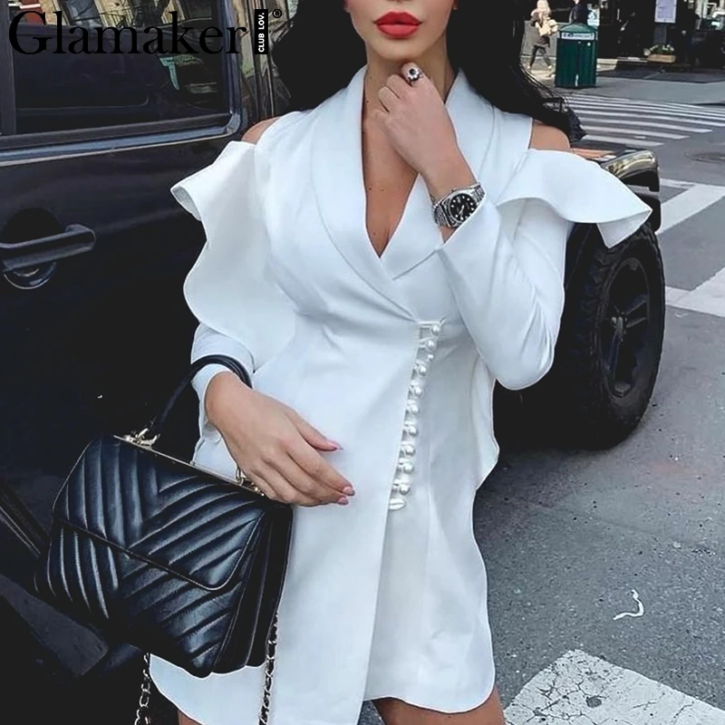 Женское Короткое платье Блейзер Glamaker белое элегантное офисное с оборками и