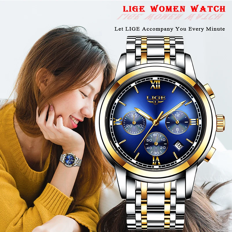 

New LIGE Women Dress Watches Luxury Brand Ladies Quartz Watch Stainless Steel Band Casual Bracelet Wristwatch Reloj Mujer+Box