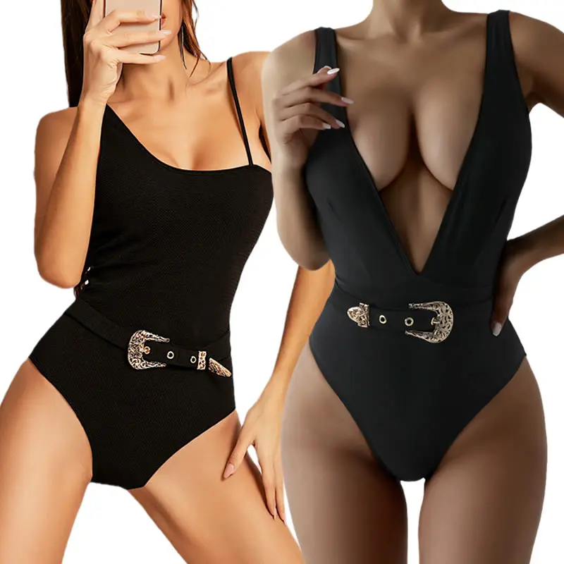 

Metal Belt Buckle Decoration Women One Piece Swimsuit Deluxy Female Beachwear Textured Large XL Bikini Monokini Retro Swimwear