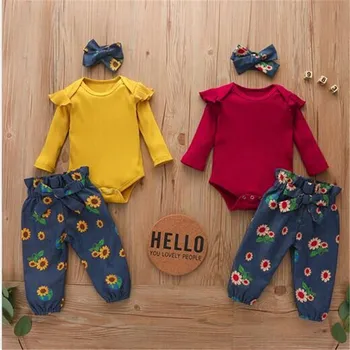 

2020 New autumn baby girl Kids clothing long sleeve flower sunflower printed pants bow casual set outfits