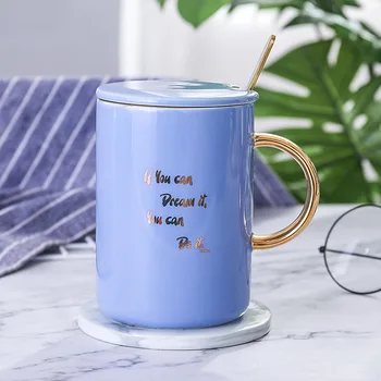 

Nordic Creative Blue Letter Gold Drawing Ceramic Straight Cup with Lid Spoon Brief Breakfast Milk Mug Large Capacity Coffee Cups
