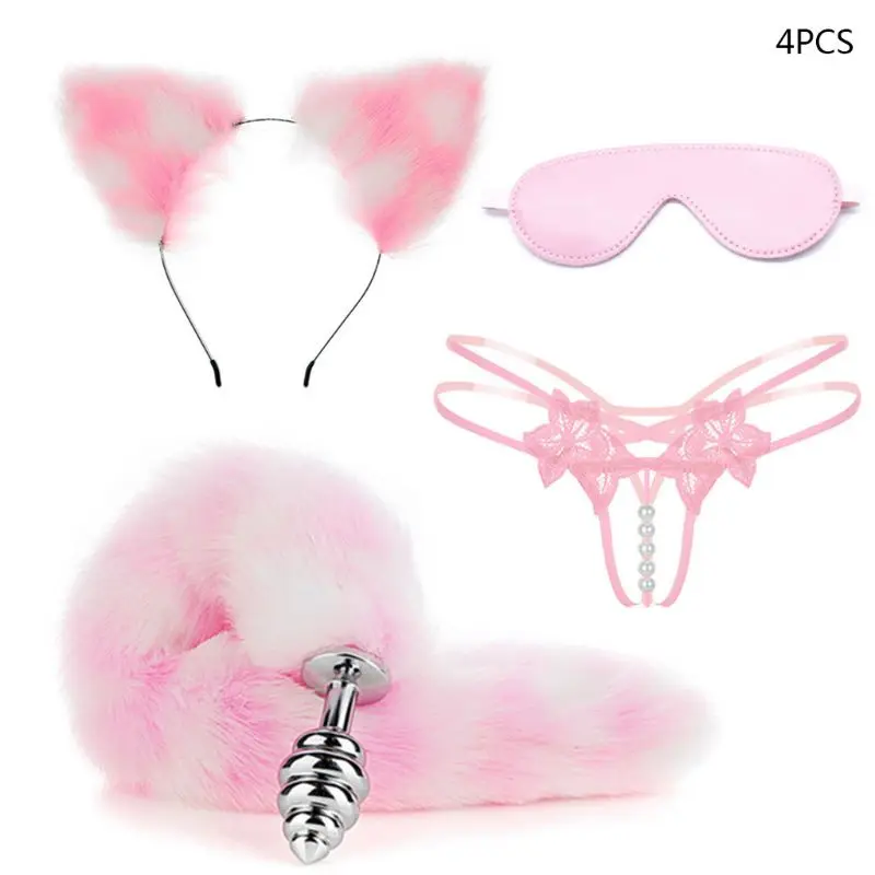 4Pcs Cute Pink Cat Ears Headband Tail Metal Butt Plug Erotic Cosplay Lingerie Crotchless Briefs G-String Mask Adult Flirting Ga | Красота и