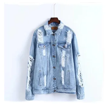 

European & American spring and autumn women's Clothing denim Jackets Turn-down Collar Break hole long sleeve Jean outerwear