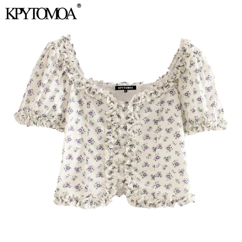 KPYTOMOA Women 2020 Sweet Fashion Floral Print Ruffled Cropped Blouses Vintage Square Collar Puff Sleeve Female Shirts Chic Tops KPYTOMOA Women 2020 Sweet Fashion Floral Print Ruffled Cropped Blouses Vintage Square Collar Puff Sleeve Female Shirts Chic Tops
