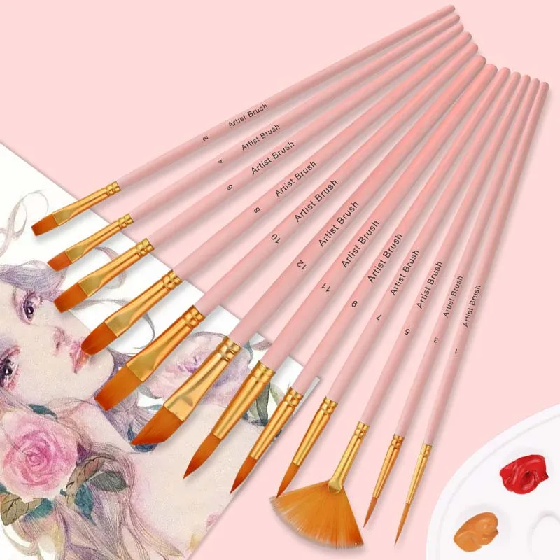 12pcs/pack Artist Watercolor Painting Brushes Paint Brush For Nylon Paint Brushes Oil Acrylic Flat&tip Kit Pen Art Supplies