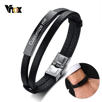 

Vnox Personalized Stainless Steel ID Tag Women Mens Bracelets Genuine Leather Bangle Engraving Name Date Custom Gift