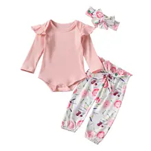 Осенне-осенние Топы для новорожденных и маленьких девочек; комбинезон; штаны с цветочным принтом; повязка на голову; Весенний комплект для детей 0-18 месяцев