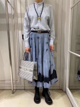 

Quality Print Casual Skirt Runway Skirt Women Fashion Pleated Blue Holiday Party Skirt