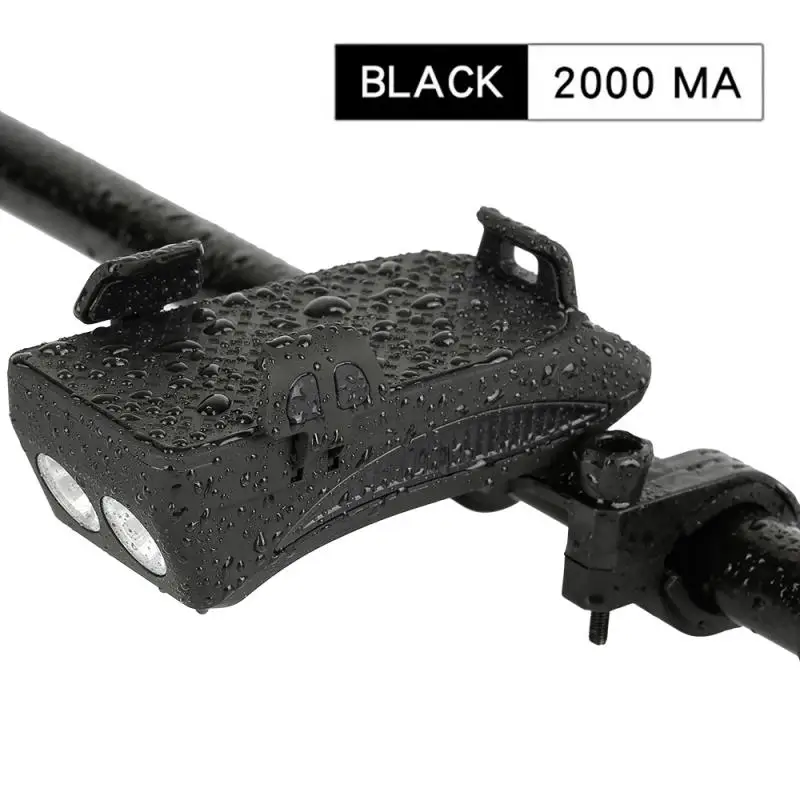 4 In 1 Bike Flashlight USB Mobile Phone Charging Bracket Bike Horn LED Lamp Beads Waterproof Riding Headlights Bike Light 7 - Color: Black 2000mA