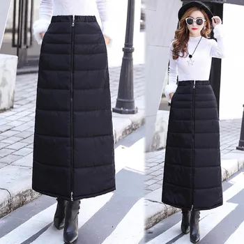 

2019 Winter Plus Size Warm Thick Down Cotton Skirt Zipper Pocket Elastic High Waistr Solid Black A Line Long Maxi Skirt Saias