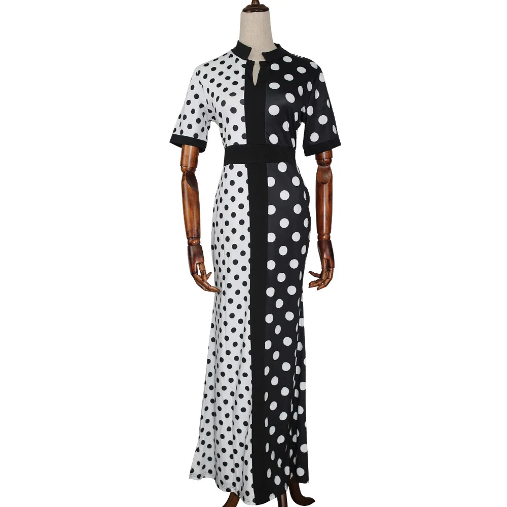 

Polka Dots Print Women Office Dress Black White Contrast Short Sleeve Summer Dresses African Elegant Plus Size Long Robe Femme