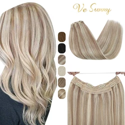 VeSunny Halo Hair Extensions Remy Human Hair Invisible Wire Screct Extensions Invisible Fish Wire with 2 Clips