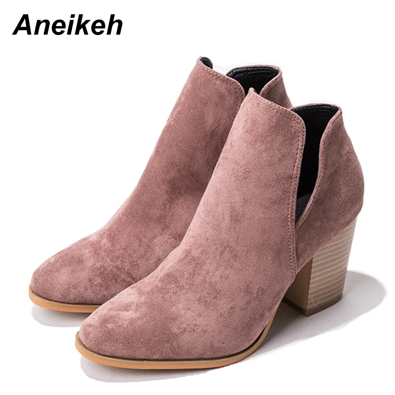 apricot Aneikeh/модная обувь из флока женские сапоги-казаки ботильоны «Челси» на не сужающемся книзу высоком массивном квадратном каблуке с v-образным вырезом рабочая обувь в западном стиле; размер 43 - Цвет: apricot