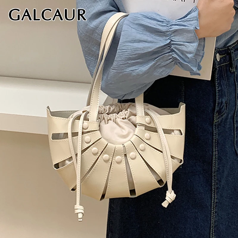 

GALCAUR Solid Bag For Women Patchwork Hollow Out Drawstring Designer Fashion Accessories Woven Bags Female 2021 Vintage New