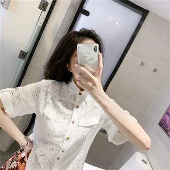 

WOMENGAGA 2020 Summer New Shirt+shorts Womens Print Mini Drawstring Single Breasted Hollow Out Fashion Casual Patchwork A128