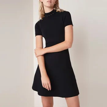 

Women's Black Rivet Knitted Sweater 2019 Autumn Winter High Street Line A Short Sleeve Designer Mini Dress Casual Runway Dress