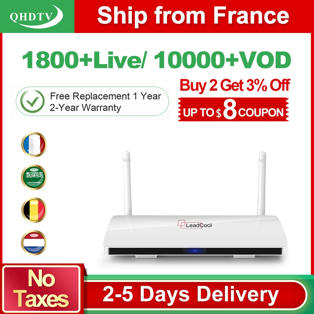 New Android tv leadcool box with 1 year subscription qhdtv Arabic French English language channels Hot selling to Europe