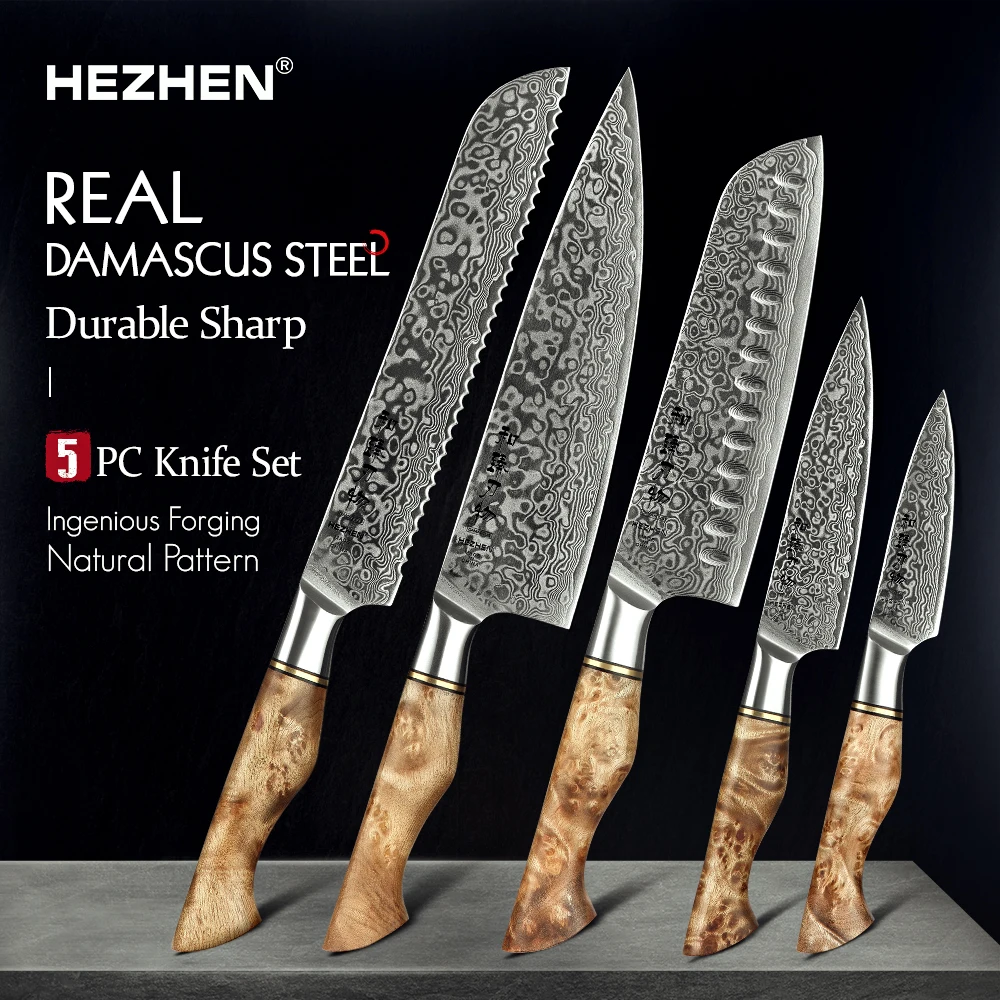 HEZHEN 1-5PC Knife Set Damascus Steel Chef Bread Utility Santoku Paring Cake Cook Knife For Meat Professional Kitchen Knife Set