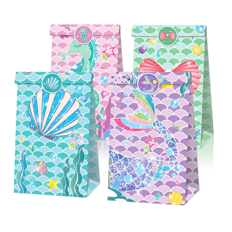 

Little Mermaid Candy Box Cookie Gift Paper Bag Send Stickers Girl Birthday Party Dessert Wrapper Baby Shower Deco Supplies