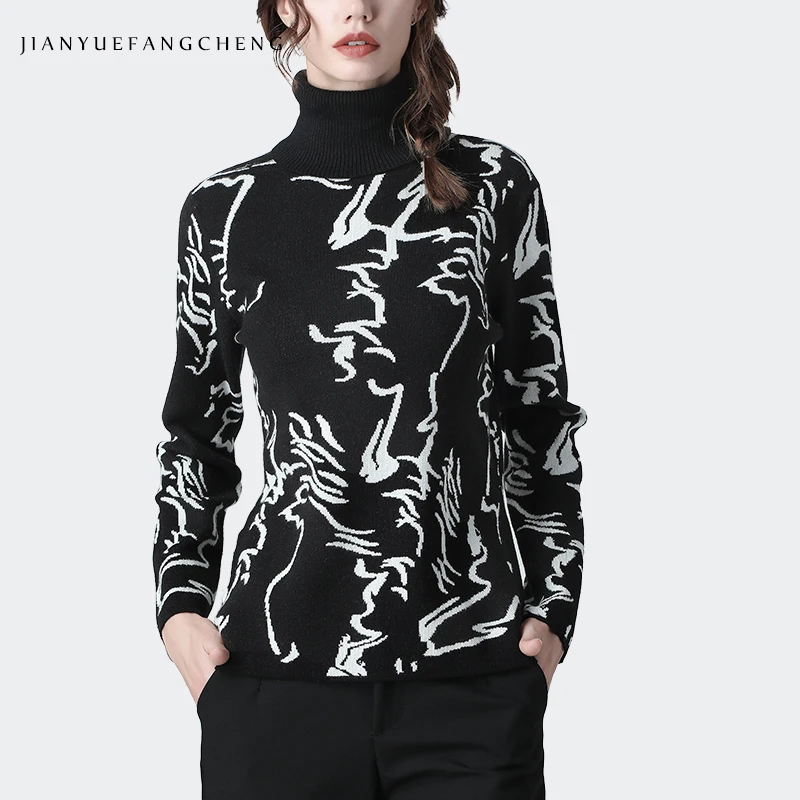 

Women Skinny Knitted Sweater Fashion Irregular Striped Printed Warm Comfortable High Neck Sweaters Office Ladies Winter Top