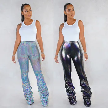 

New Skinny Pleated Pu Leather Pants Women Bodycon Club Long Womens Pants Reflective Colorful Fashion Woman Pants Club Outfits