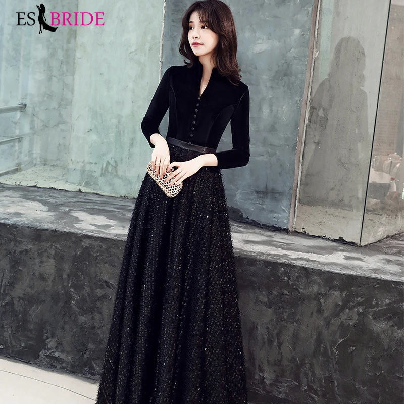 Vestidos de Noche largos 2020 negro sirena manga larga encaje Otoño Invierno satén elegante largo de fiesta para boda|Vestidos de noche| AliExpress