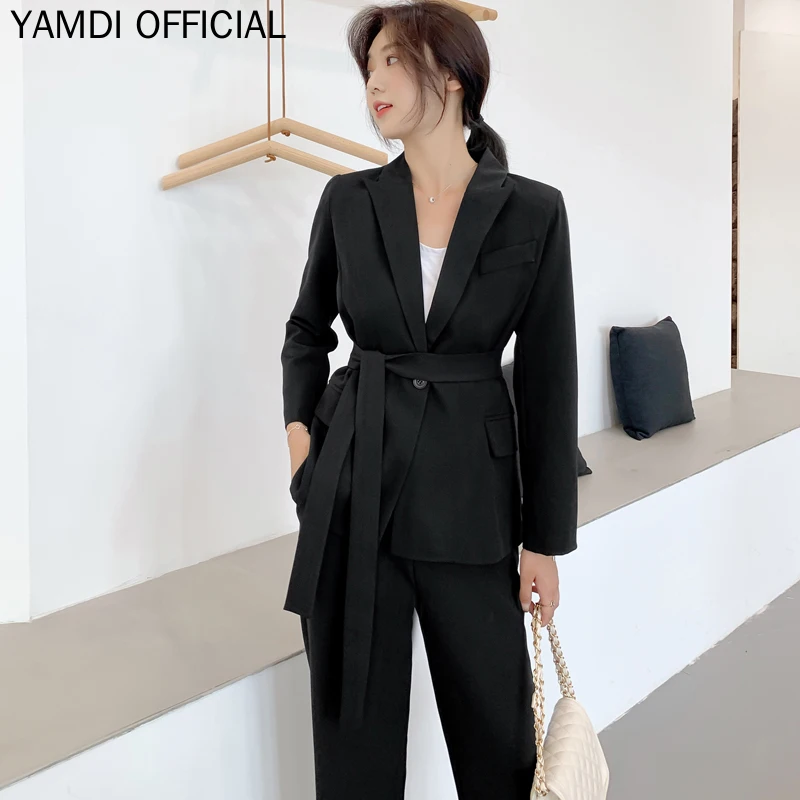 YAMDI однотонный абрикосовый черный розовый костюм женский осенний зимний комплект из двух предметов корейский Повседневный Блейзер на одной пуговице куртка+ брюки