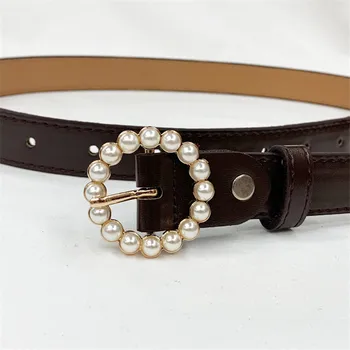 

Inlaid Pearl Simple Designer's Famous Brand Belt Leather High Quality Belt Pearl Ring Circle Buckle Girl Jeans Dress Wild Belts