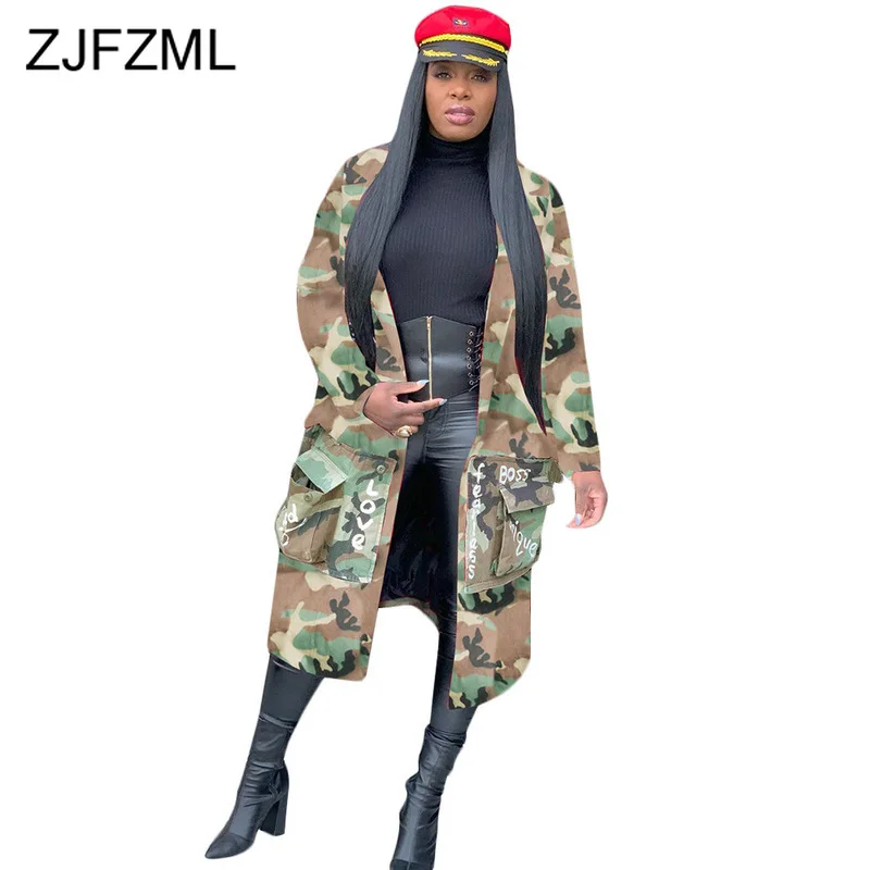 awesome  Fall Winter Letters Camouflage Coats and Jackets Women Turn Down Collar X-Long Coat Streetwear Long