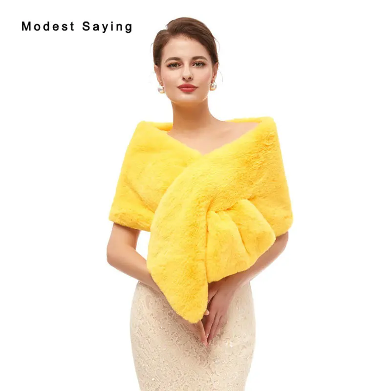 Elegant Yellow Faux Fur Wedding Shrugs Fashion Bridal Shawls Women Party Boleros Fur Stoles Warm Wraps Wedding Accessories