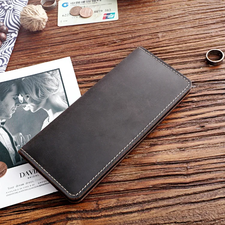 Dark Brown Genuine Leather Wallet For Men Male Vintage Handmade Crazy Horse Leather Cowhide Long Bifold Slim Wallets Purse Card Holder Man - Color: Dark Brown