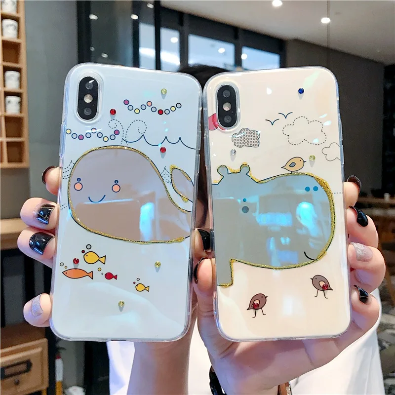 

Cartoon whale hippo phone case For iPhone 11 PRO X XS MAX XR 8 7 6S plus Epoxy soft shell ultra-thin anti-fall mobile phone case