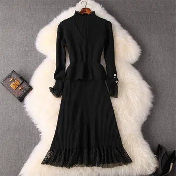 

Woman 2019 New Fashion Autumn Winter Dress Female Vestidos Long Sleeve Lace Patchwork Knitted Vest Top+Sweater Dress 2piece Set