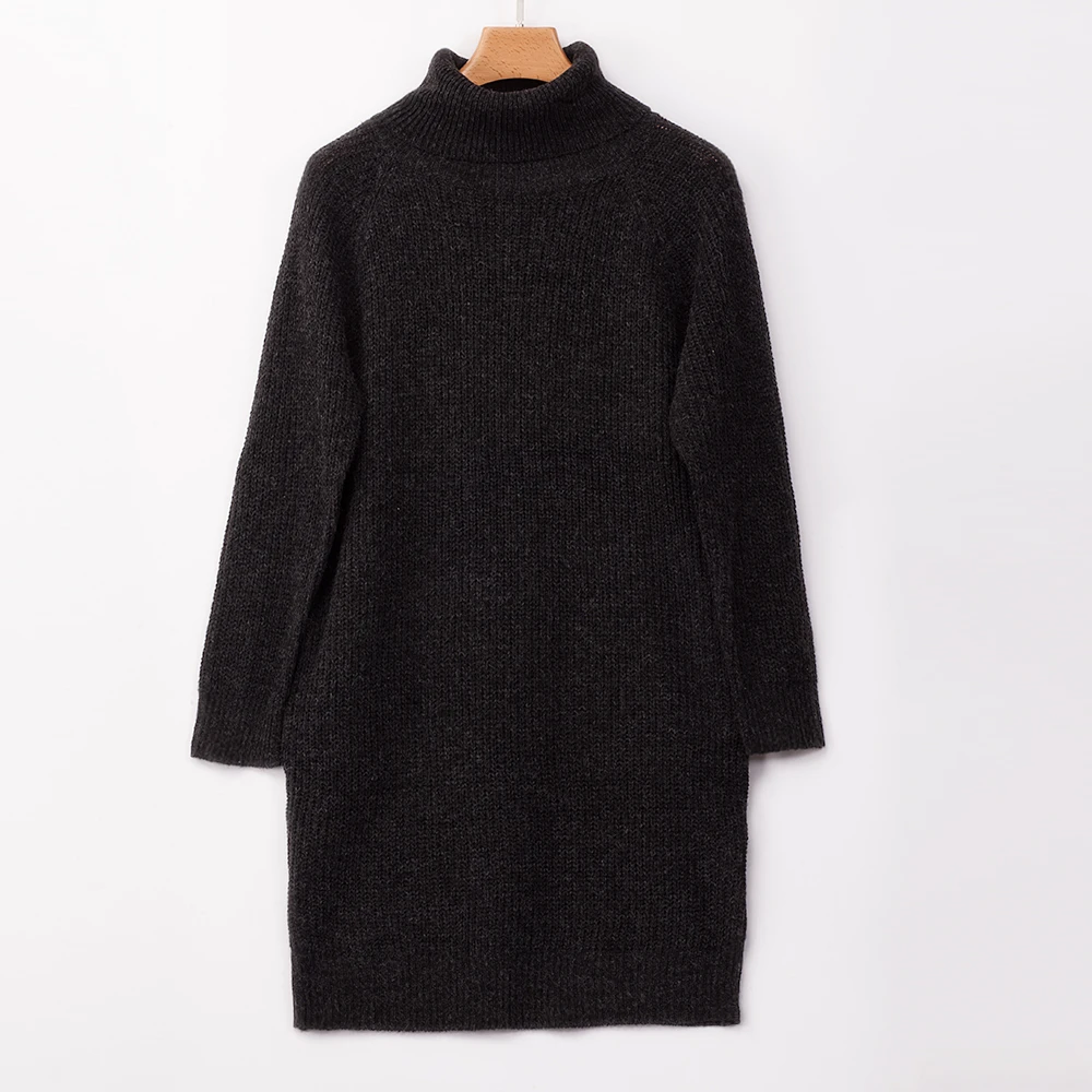 Autumn Winter Casual Women High Collar Knee-length Sweater Dress Ladies Casual Full Sleeve Straight Knit Dress Ropa Mujer