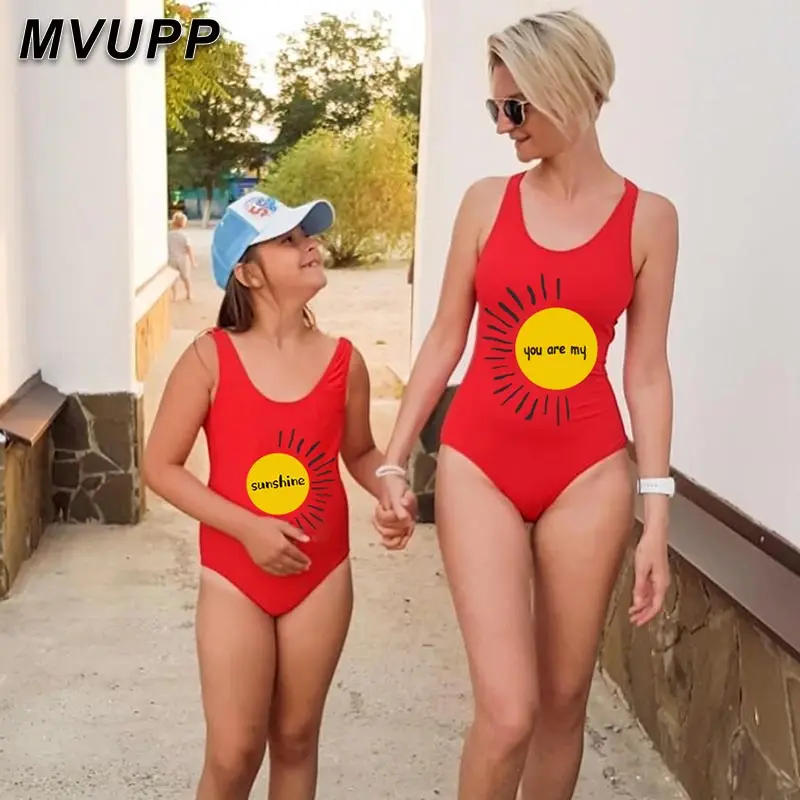 Семейный купальник сексуальный для женщин и девочек с принтом листьев надписью