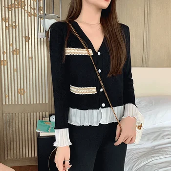 

Mozuleva Women Autumn Knit Flare Sleeve Cardigans Loose Pleated Hem Pants Sets V Neck Single Breasted Knitted Tops Pant Suit
