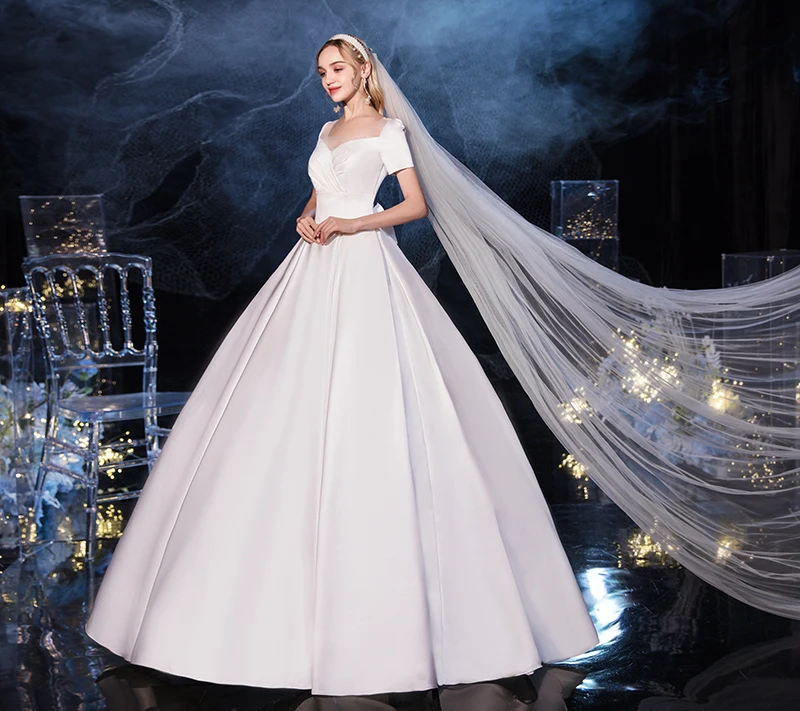 Vestido De Noiva 2024 Short Sleeve Classic Satin Lace Up Wedding Ball Gown Luxury Wedding Dresses Robe De Mariee Customized 5