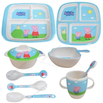 

Peppa Pig Tableware Baby Feeding Bowl Set Poon Dishes Kids Plate Grid Eco Friendly Anti-fall Cute Cartoon Water Cup Dinnerware
