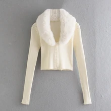 

Women Fur Collar Single Breasted Knitted Short Sweater Female Long Sleeve Pullover Casual Lady Slim Crop Tops SW1555